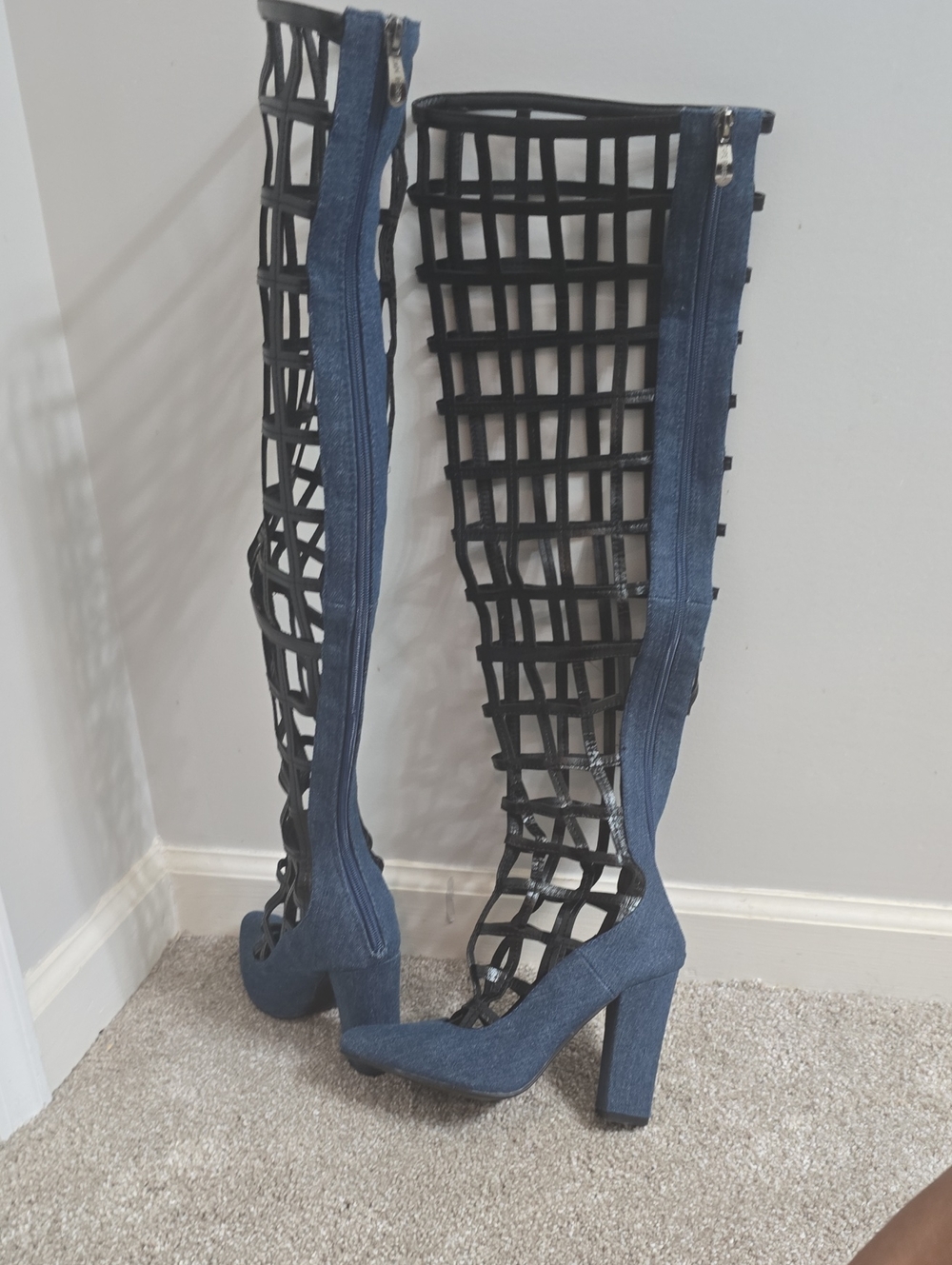 Cape Robbin Blue Denim Lattice Over-the-Knee Block Heel Boots